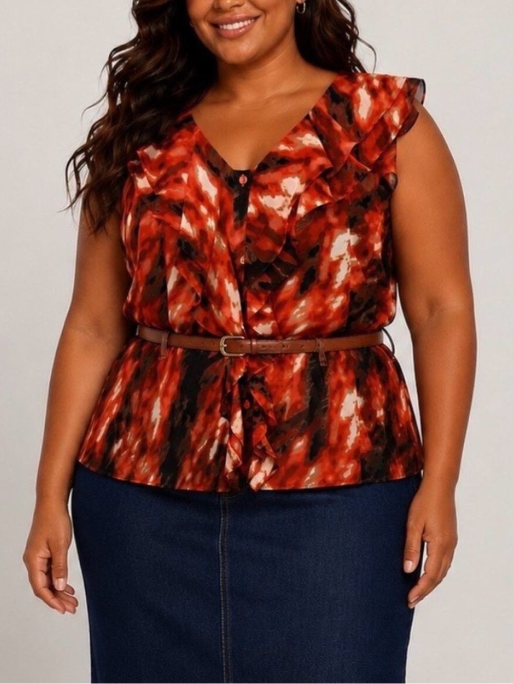 Worthington Womens Blouse Size 1X Watercolor Sleeveless Button Up Ruffled Front